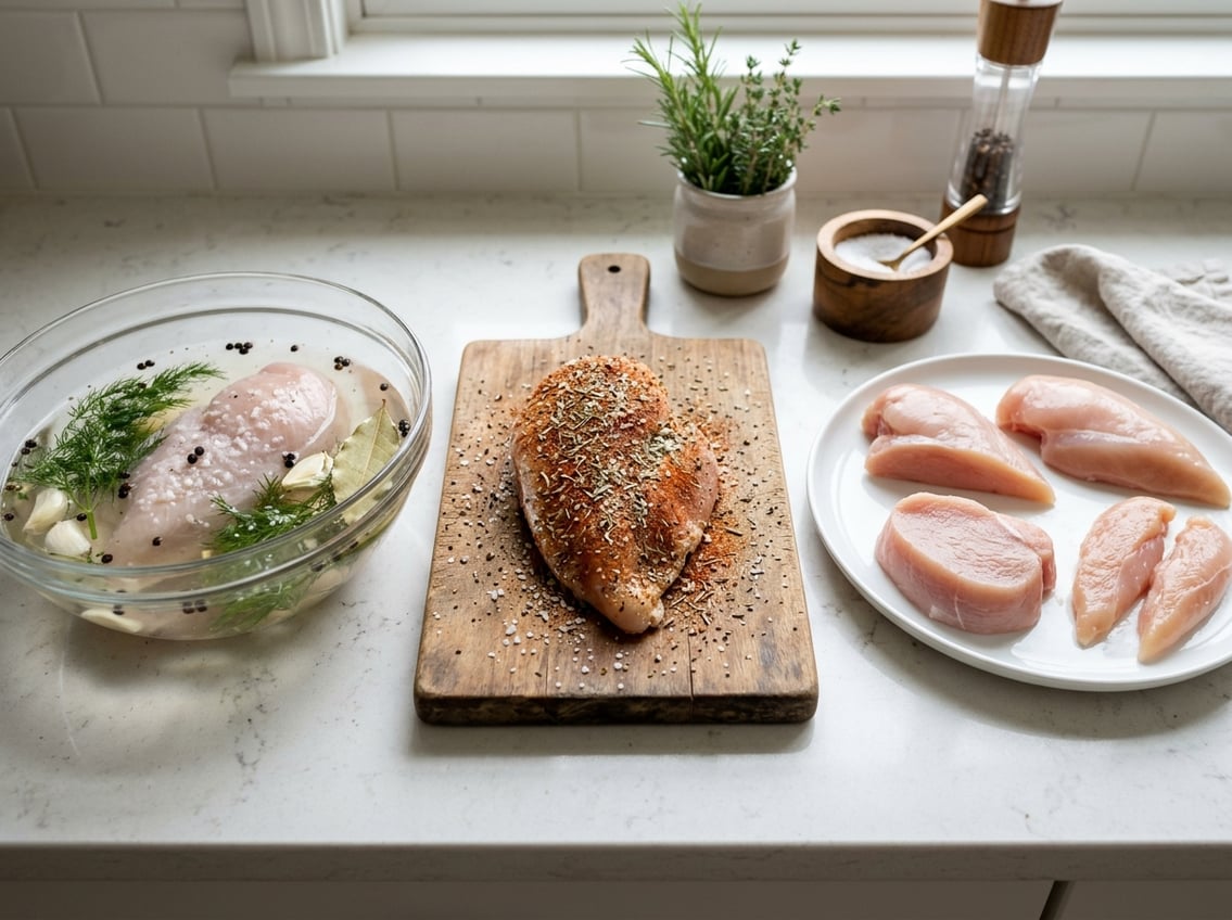 Three different preparations of chicken breast on a kitchen countertop: one submerged in wet brine, one coated with dry salt and spices, and several raw chicken breast cuts arranged on a plate.