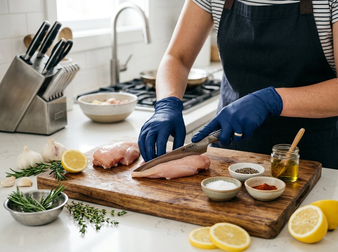 Hands preparing raw chicken breasts on a cutting board with fresh herbs and spices on a kitchen countertop.