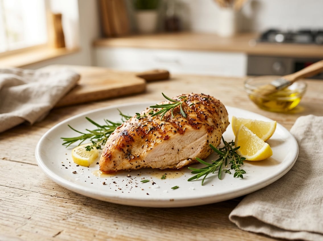 A juicy cooked chicken breast on a plate garnished with herbs and lemon wedges.