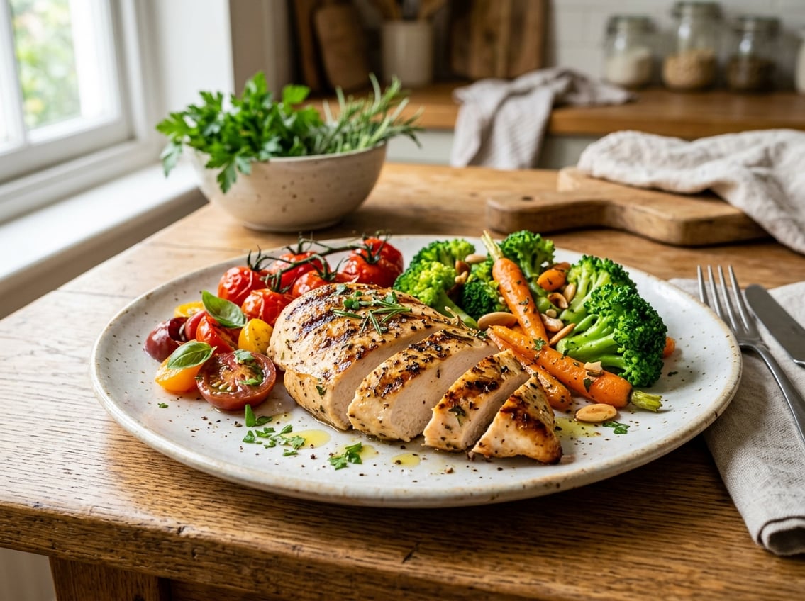 A plate with grilled chicken breast and fresh vegetables on a wooden table in a kitchen setting.