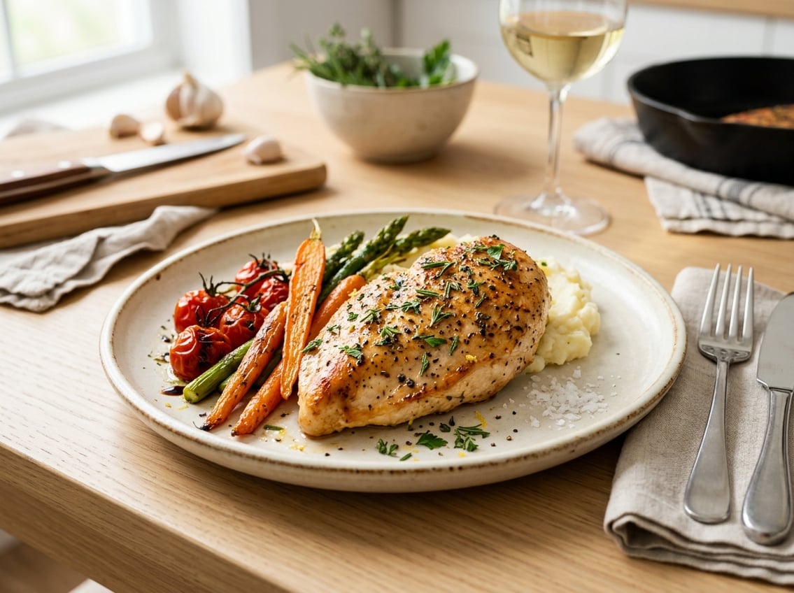 A plated chicken breast meal with roasted vegetables on a table in a kitchen setting.