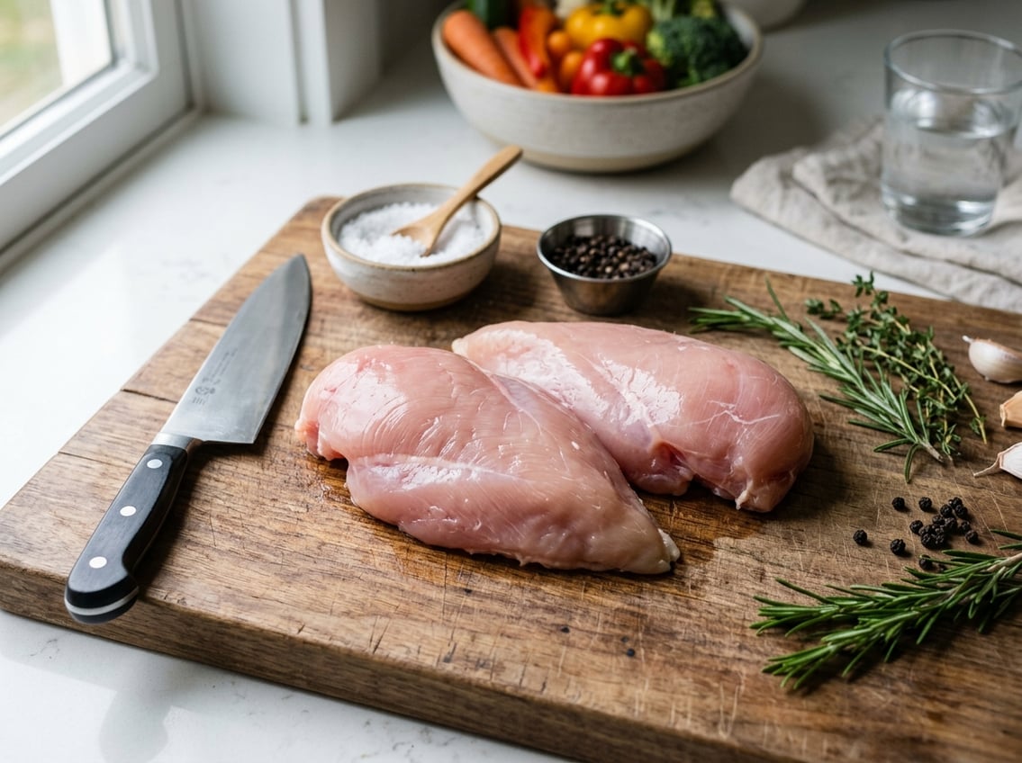 Close-up of raw chicken breasts on a wooden cutting board with kitchen knife, salt, pepper, and herbs nearby.