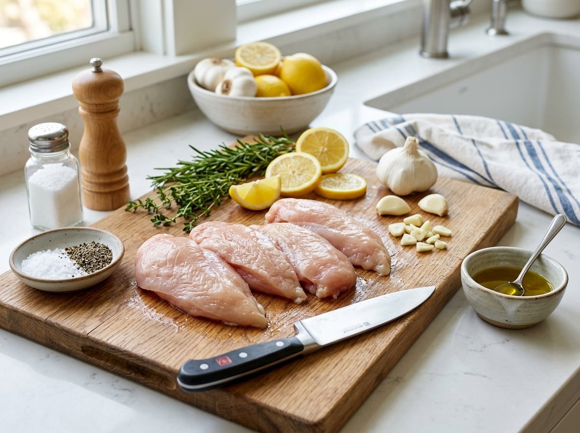 Close-up of raw chicken breasts on a cutting board with herbs, lemon slices, garlic, olive oil, and a knife in a bright kitchen.
