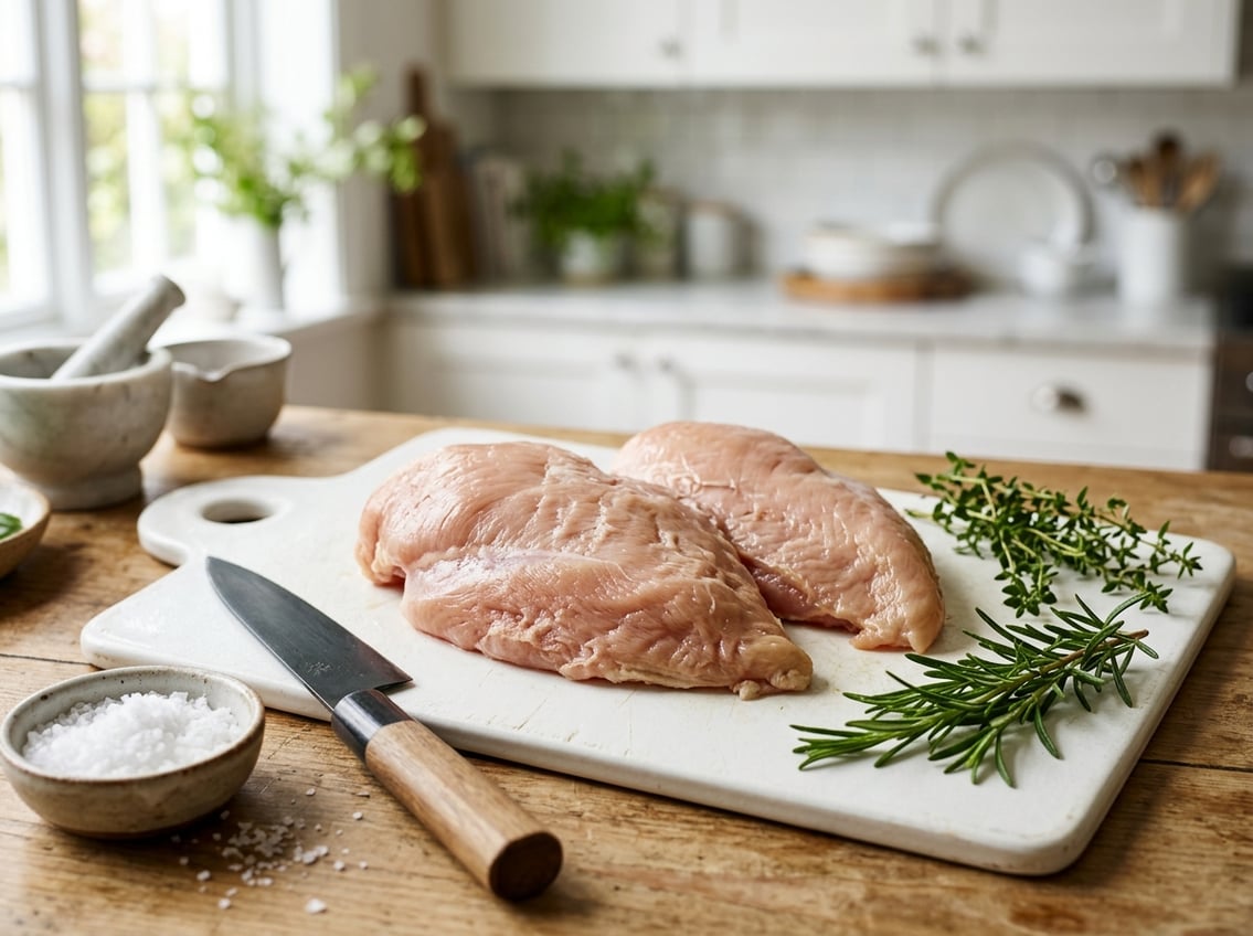 Raw chicken breasts on a cutting board with herbs, salt, and a knife in a kitchen.