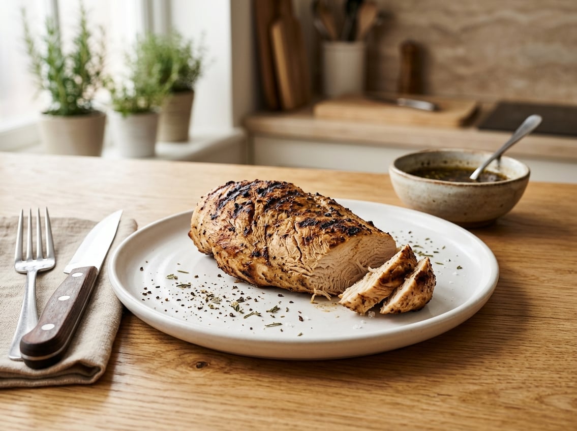 Close-up of a cooked chicken breast on a plate with utensils and a small bowl of sauce on a kitchen countertop.