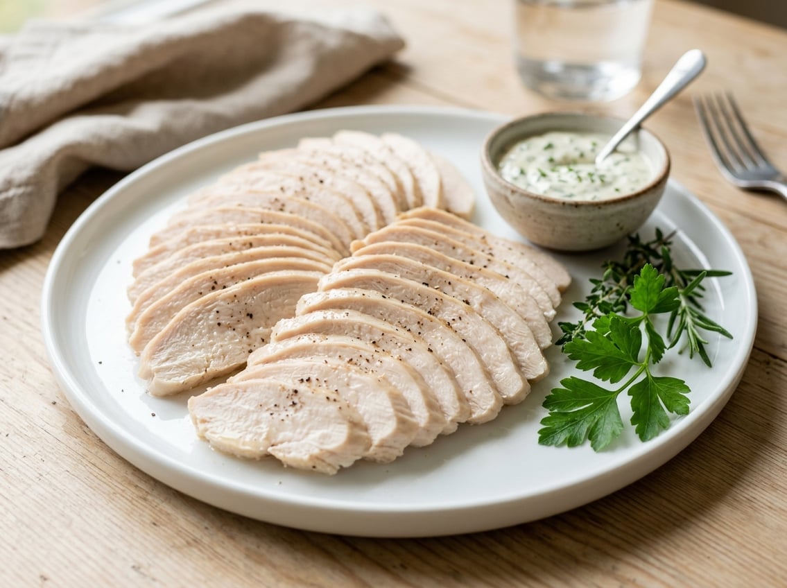 Thinly sliced chicken breast arranged on a white plate with fresh herbs and a small bowl of sauce on a wooden surface.