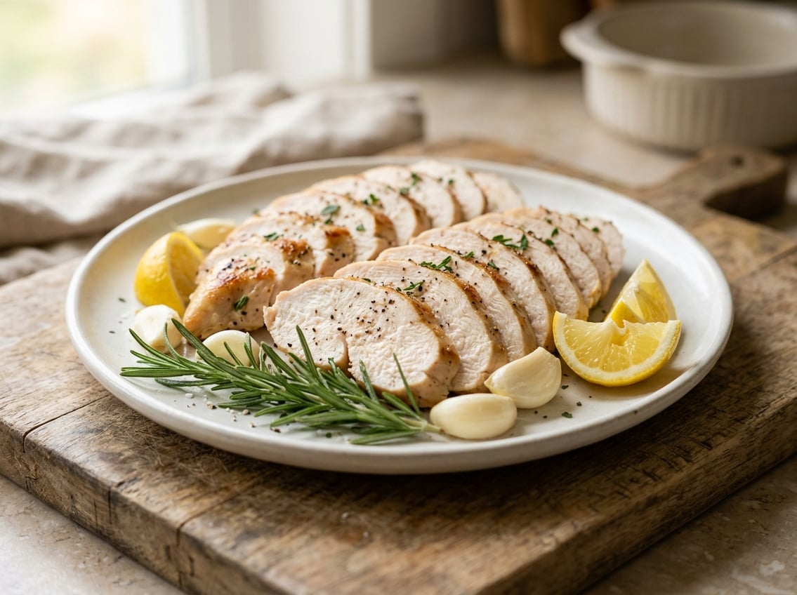 Thinly sliced don chicken breast arranged on a white plate with fresh herbs and lemon wedges on a wooden surface.