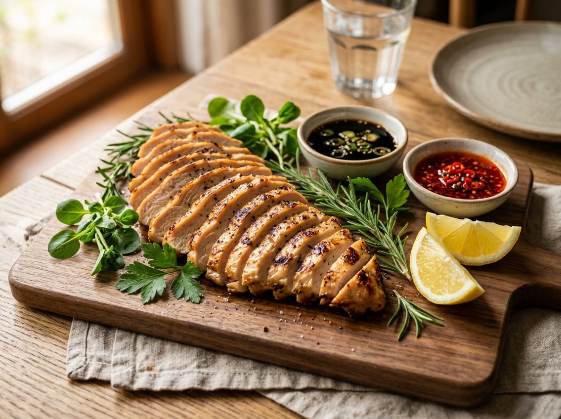 Thinly sliced don chicken breast arranged on a wooden board with herbs, lemon wedges, and dipping sauces.
