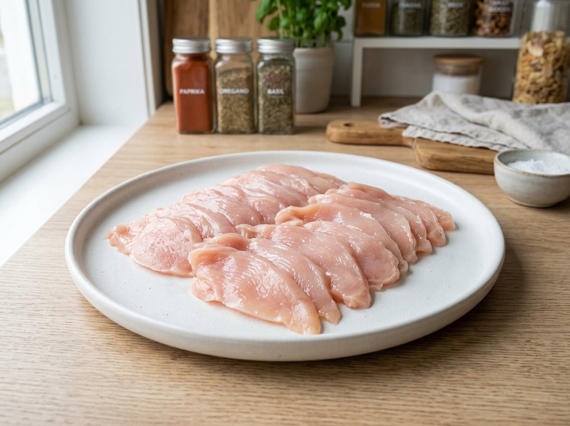 Thinly sliced don chicken breast arranged on a white plate on a wooden countertop with a kitchen shelf in the background.