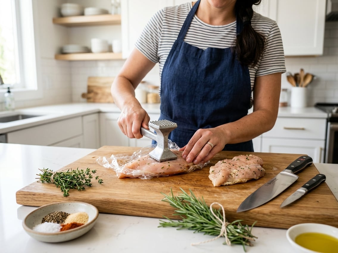 Hands pounding raw chicken breasts on a wooden cutting board with herbs and seasoning nearby in a kitchen.