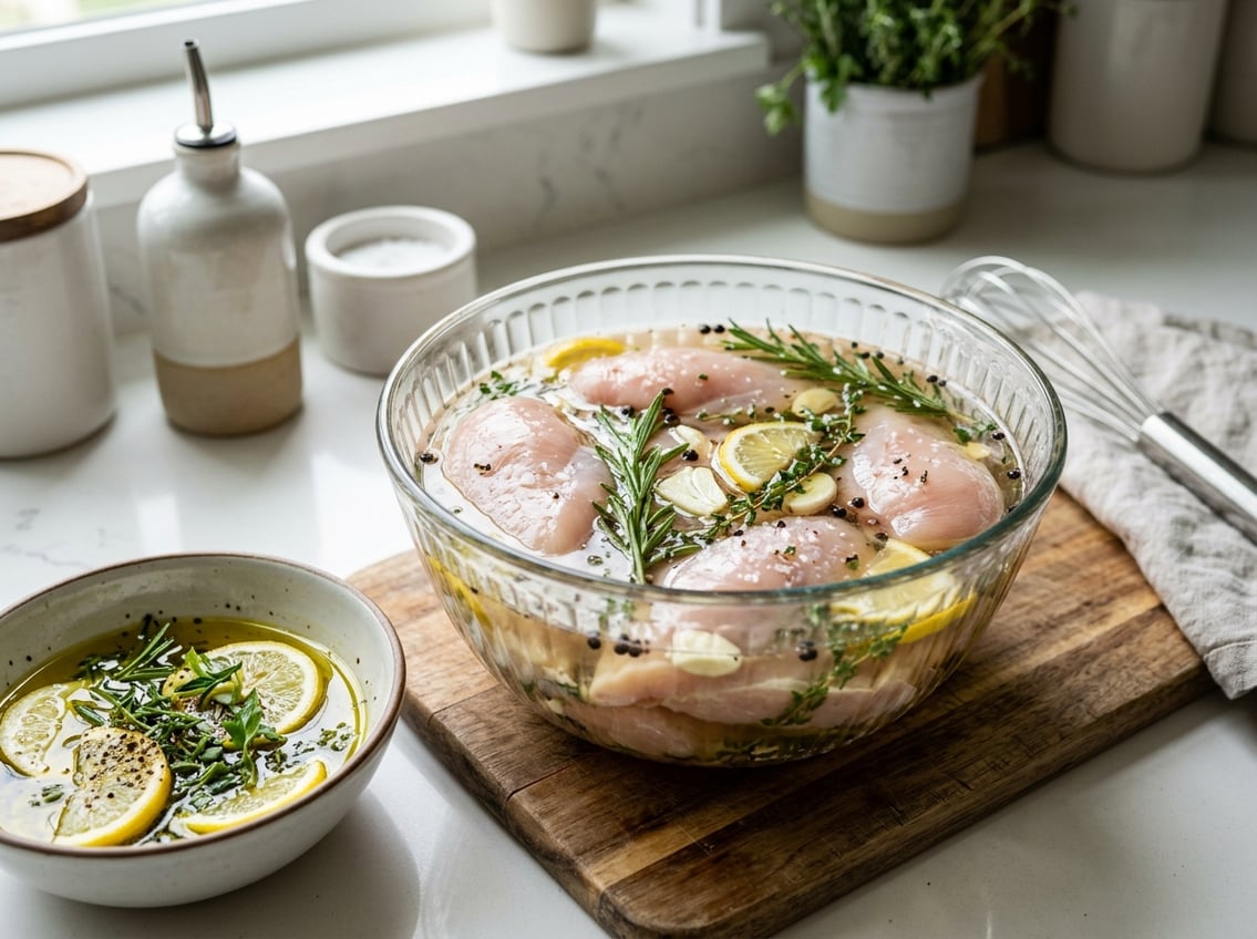 Close-up of raw chicken breasts soaking in a bowl of seasoned brine with herbs and garlic on a kitchen countertop.