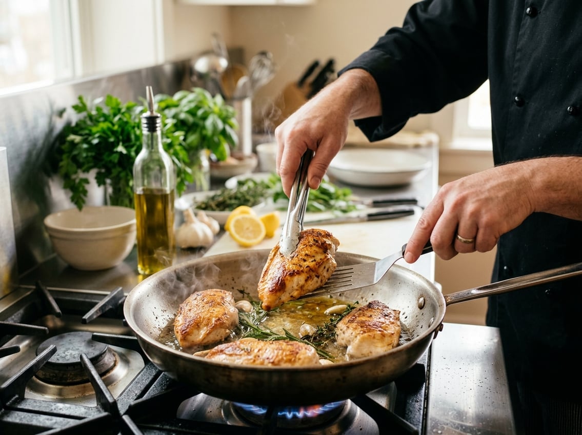 Chef gently cooking chicken breasts in a skillet on a stovetop in a modern kitchen.