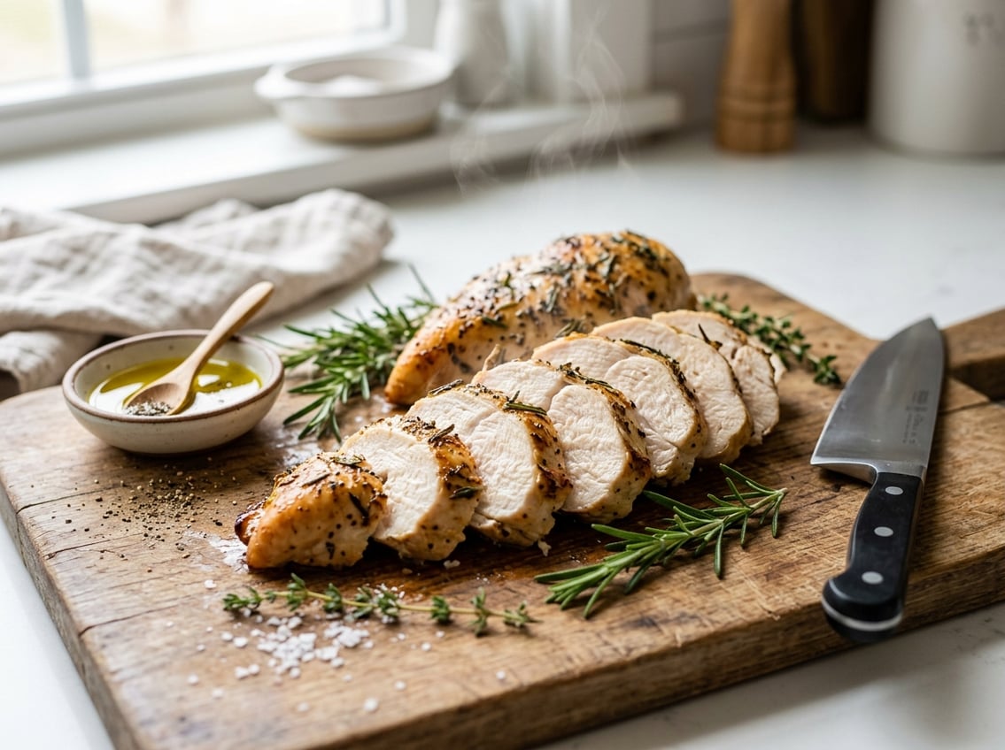 A sliced, juicy chicken breast on a wooden cutting board with fresh herbs and a chef's knife nearby.