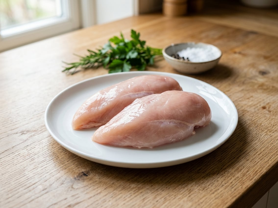 Fresh raw chicken breasts on a white plate with herbs and salt on a wooden countertop.