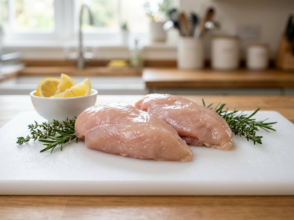 Close-up of fresh raw chicken breasts on a white cutting board with herbs and lemon slices nearby.