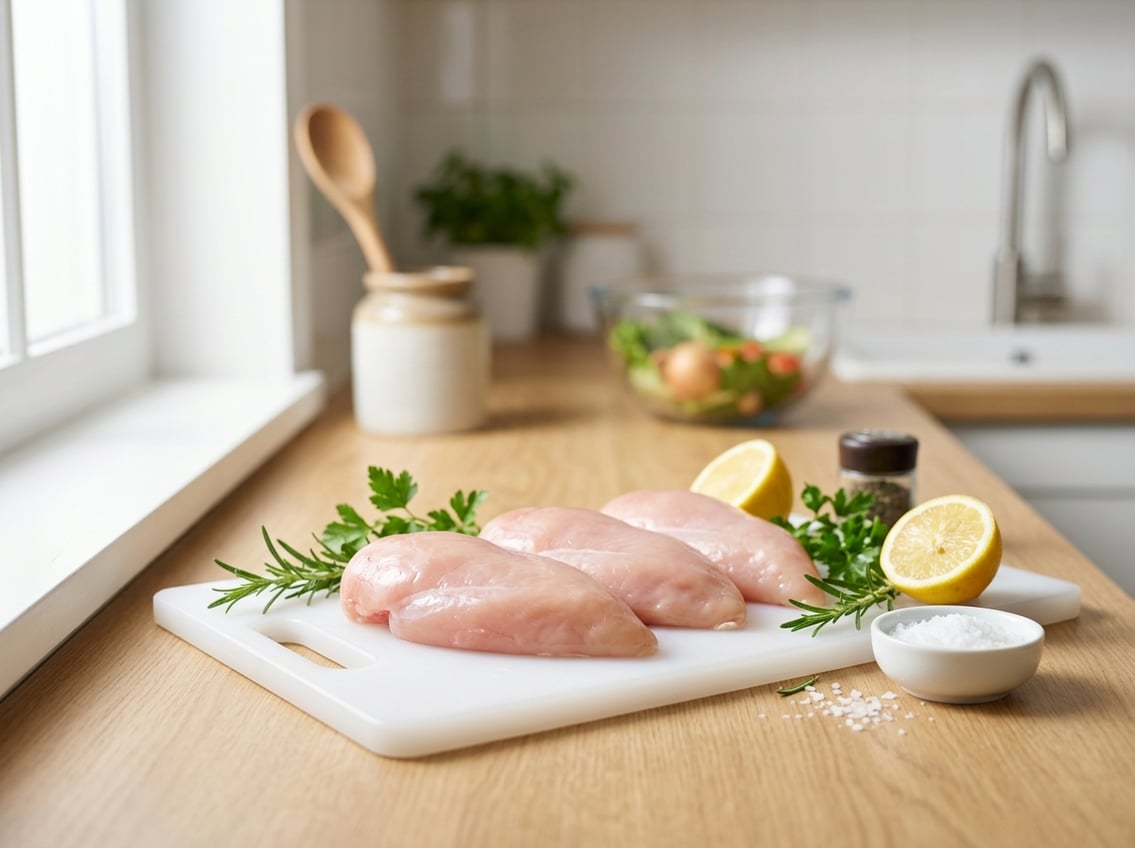 Fresh raw chicken breasts on a white cutting board with herbs and lemon in a bright kitchen.