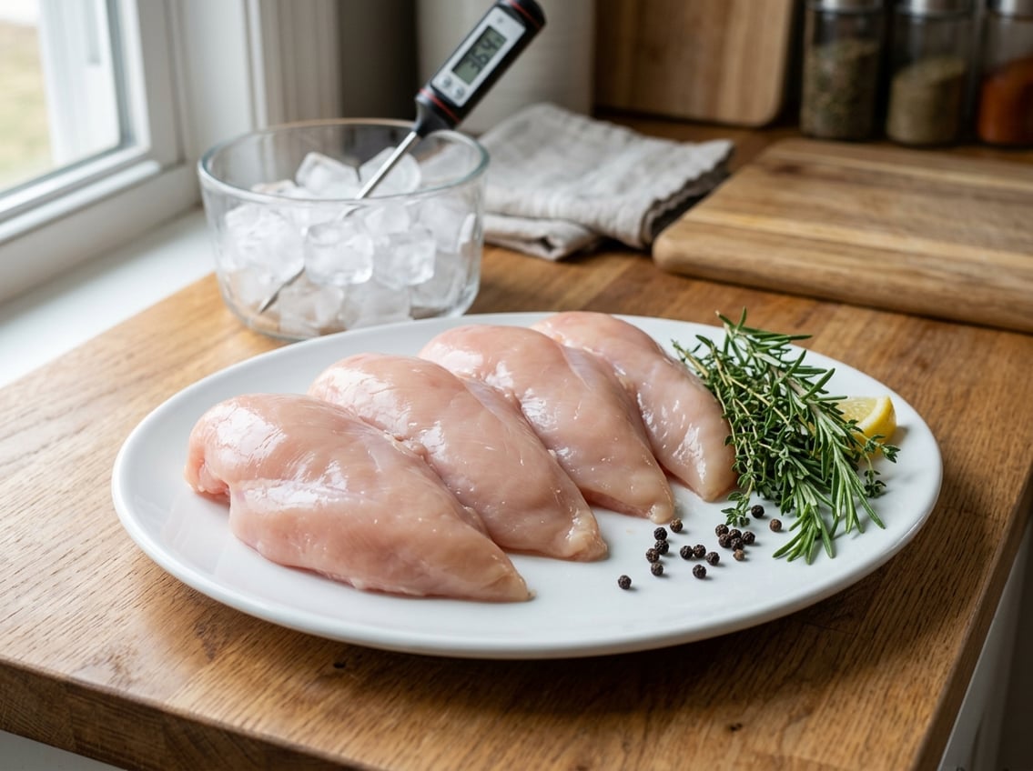 Fresh raw chicken breasts on a white plate with herbs on a wooden countertop and a glass container with ice in the background.