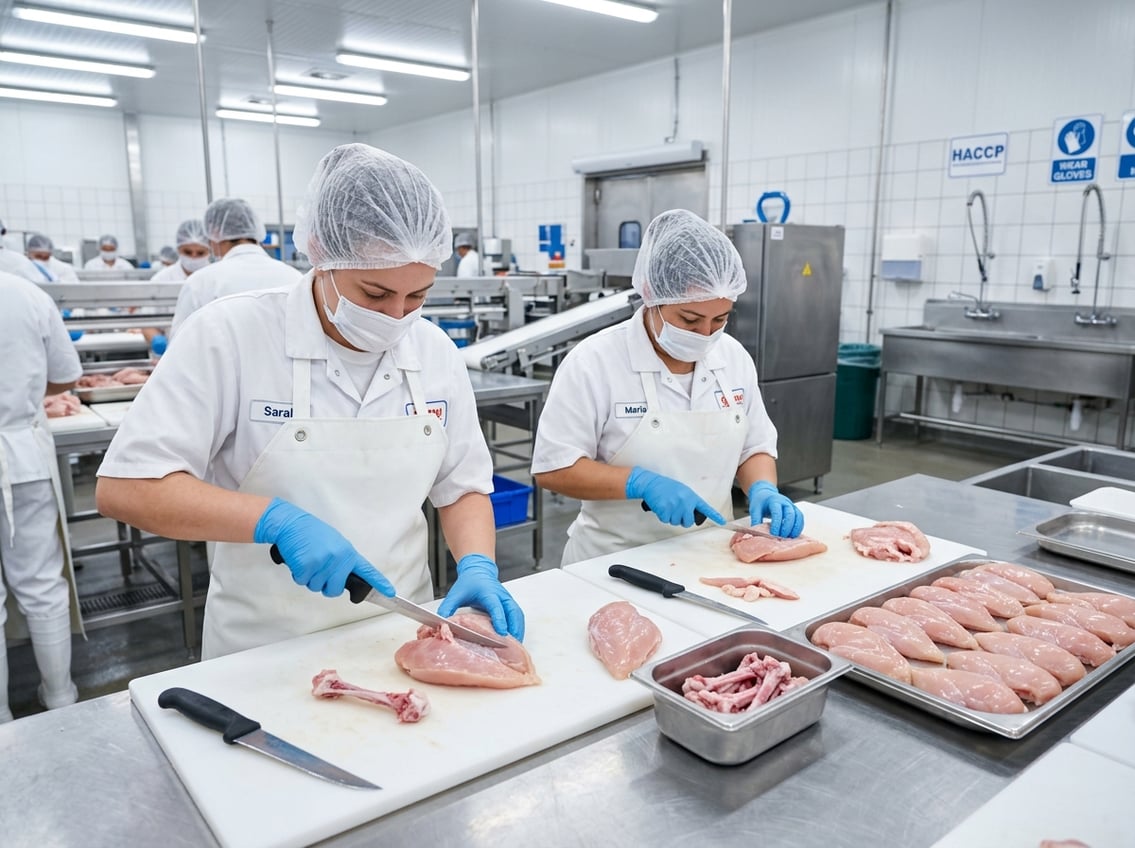 Workers in a food processing facility deboning, trimming, and portioning raw chicken breasts on stainless steel tables.