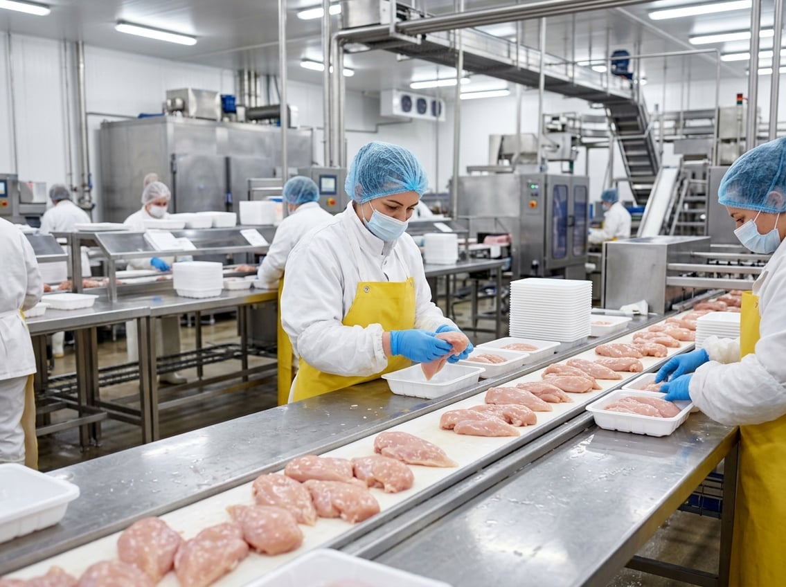 Workers inspecting and packaging raw chicken breasts in a clean food processing facility.