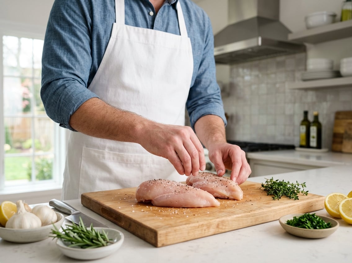 Person preparing raw chicken breasts on a cutting board in a bright kitchen with fresh ingredients nearby.