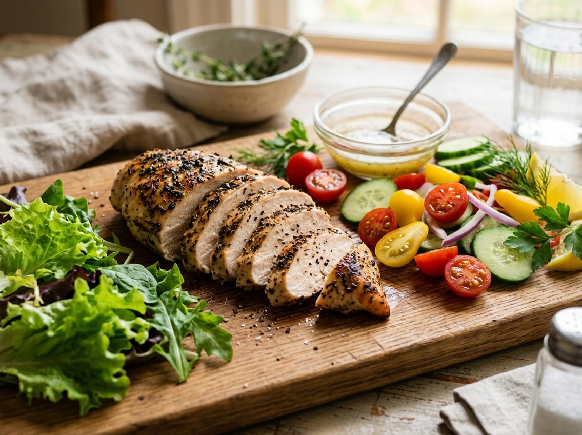 Sliced cooked chicken breast on a wooden cutting board with fresh vegetables around it.