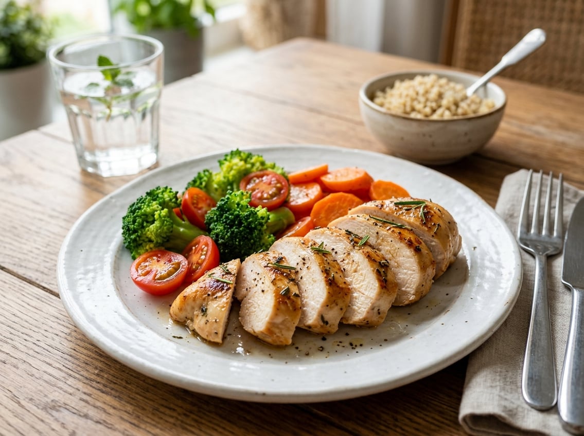 A cooked chicken breast sliced on a plate with fresh vegetables and a glass of water on a wooden table.