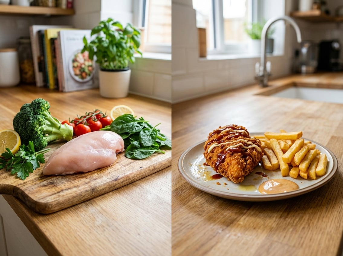 A kitchen countertop showing fresh raw chicken breast with vegetables on one side and a greasy cooked chicken breast with fries on the other side.
