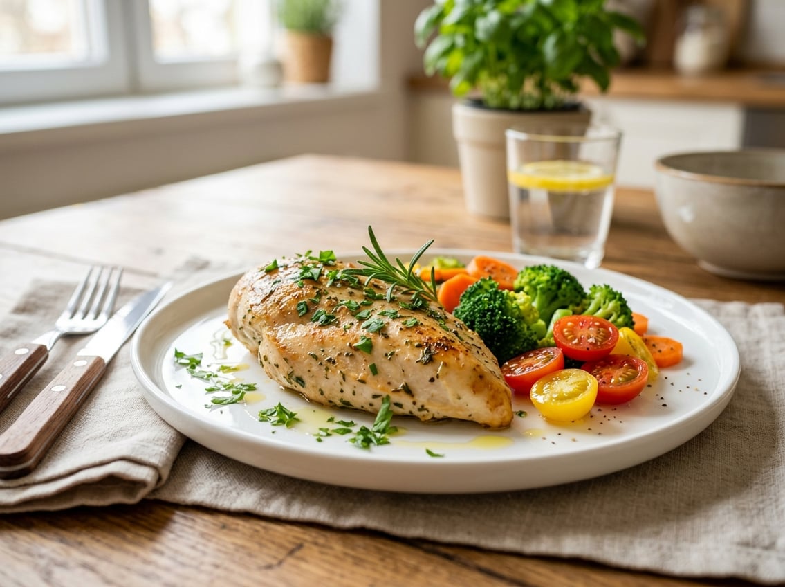 A cooked chicken breast on a plate with steamed broccoli, cherry tomatoes, and sliced carrots, garnished with fresh herbs.