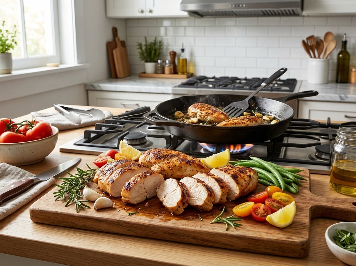 Sliced cooked chicken breasts on a wooden cutting board surrounded by fresh herbs, lemon wedges, and vegetables in a kitchen setting.