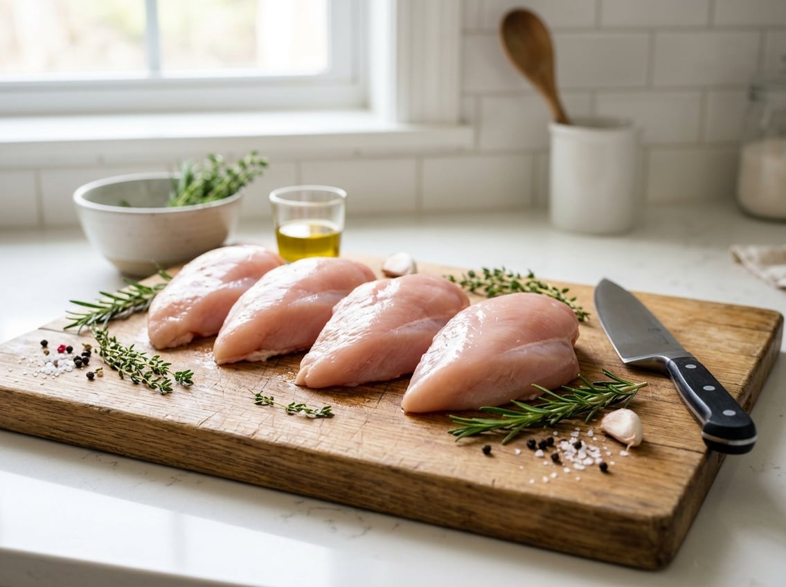Raw chicken breasts on a wooden cutting board with herbs and a chef's knife on a kitchen countertop.