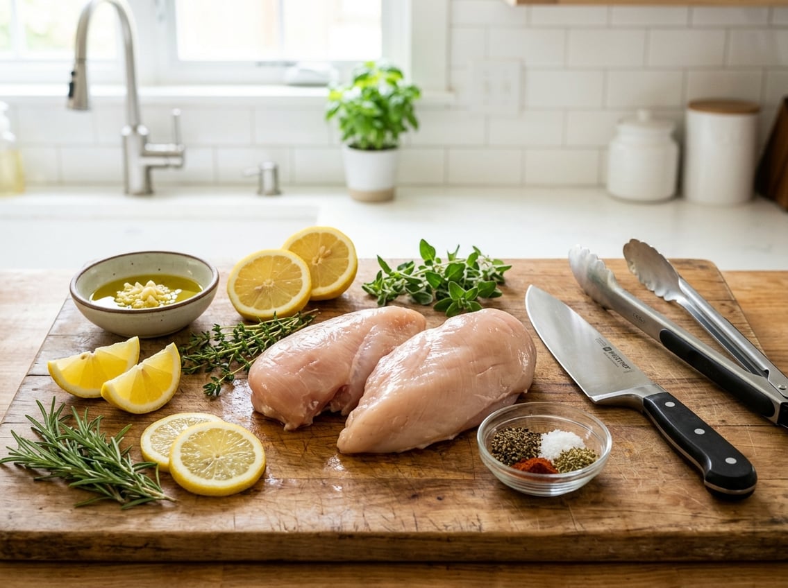 Fresh raw chicken breasts on a wooden cutting board with herbs, lemon slices, spices, and kitchen utensils on a bright kitchen countertop.