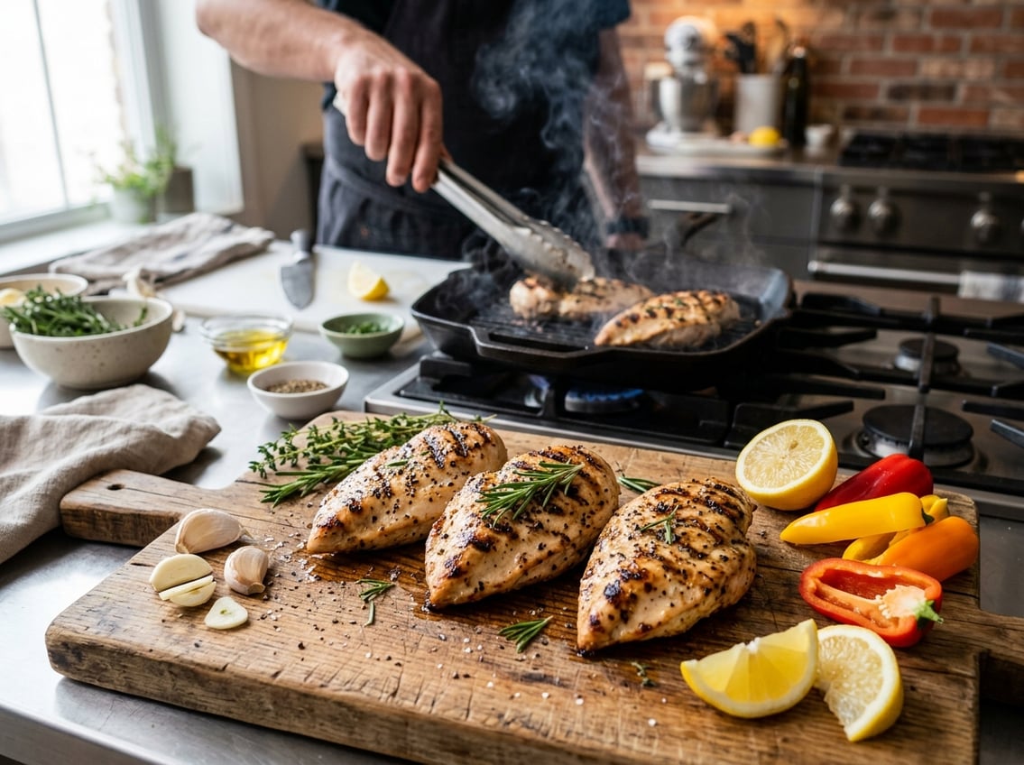 Close-up of cooked chicken breasts on a cutting board with fresh herbs and vegetables, a chef grilling chicken in the background.