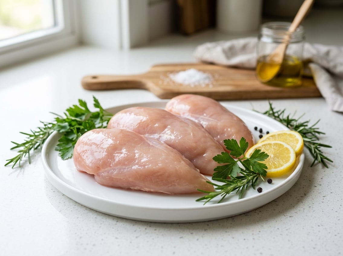 Fresh raw chicken breasts on a white plate with herbs and lemon slices on a kitchen countertop.