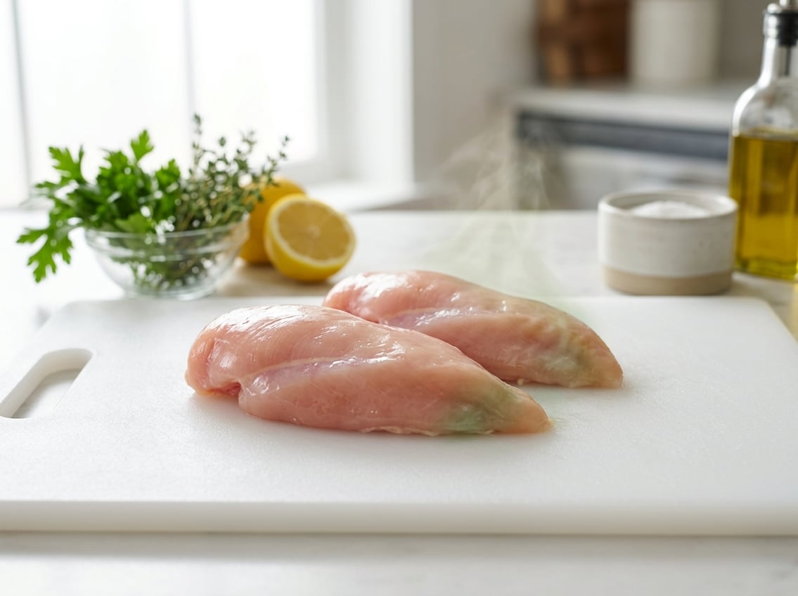 Raw chicken breasts on a white cutting board in a kitchen with subtle signs of spoilage.