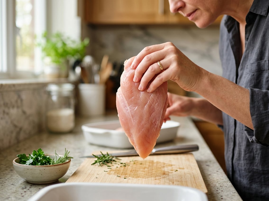 A person holding a raw chicken breast in a kitchen, inspecting it closely.
