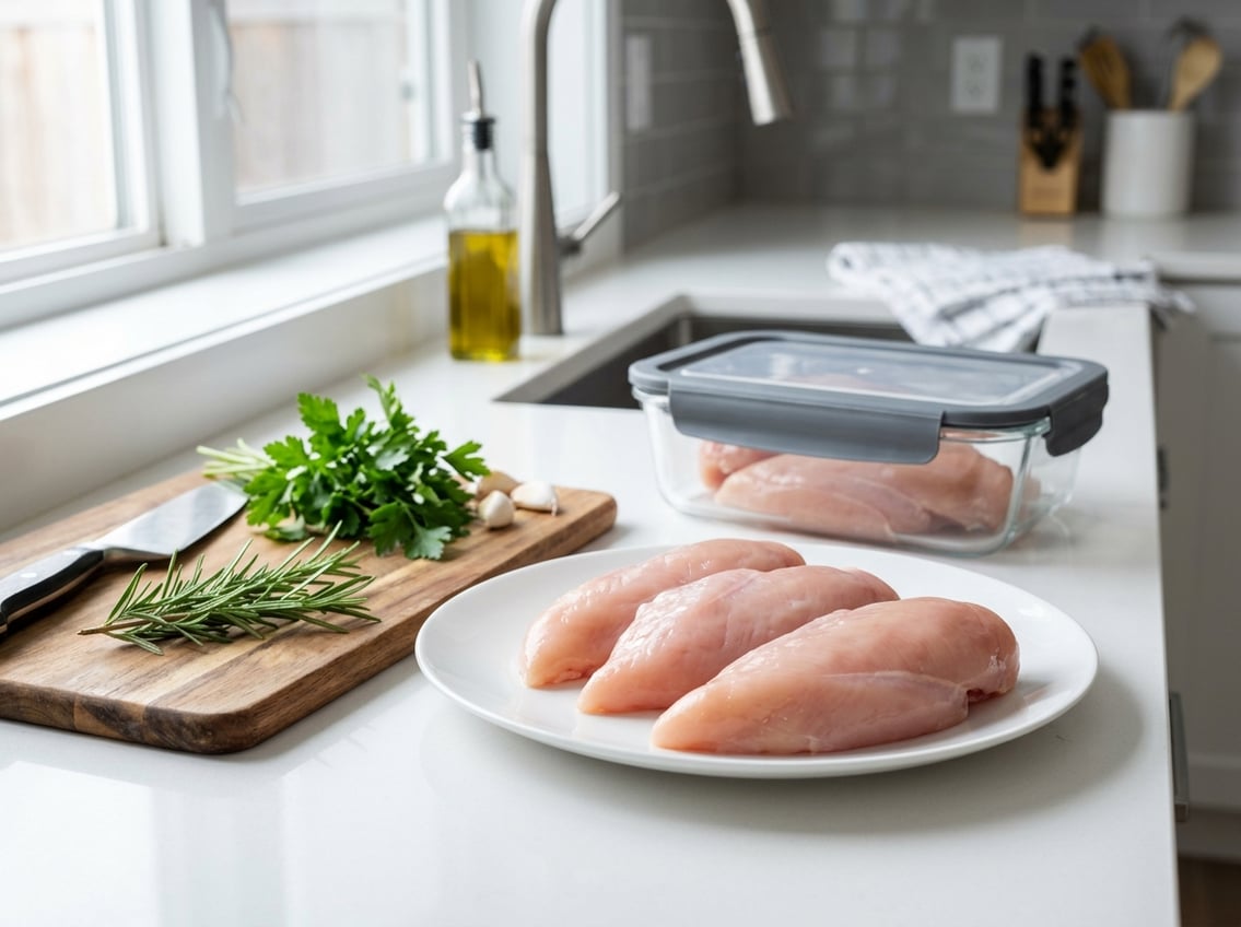 Fresh raw chicken breasts on a white plate with fresh herbs and a sealed glass container on a kitchen countertop.