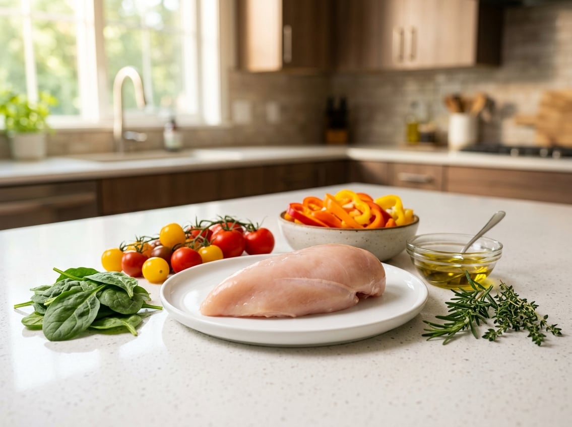 Raw chicken breast on a white plate surrounded by fresh vegetables and herbs on a kitchen countertop.