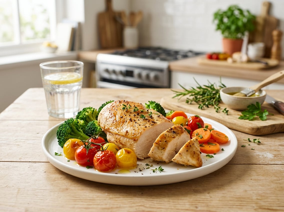 A cooked chicken breast served on a plate with fresh vegetables in a kitchen setting.