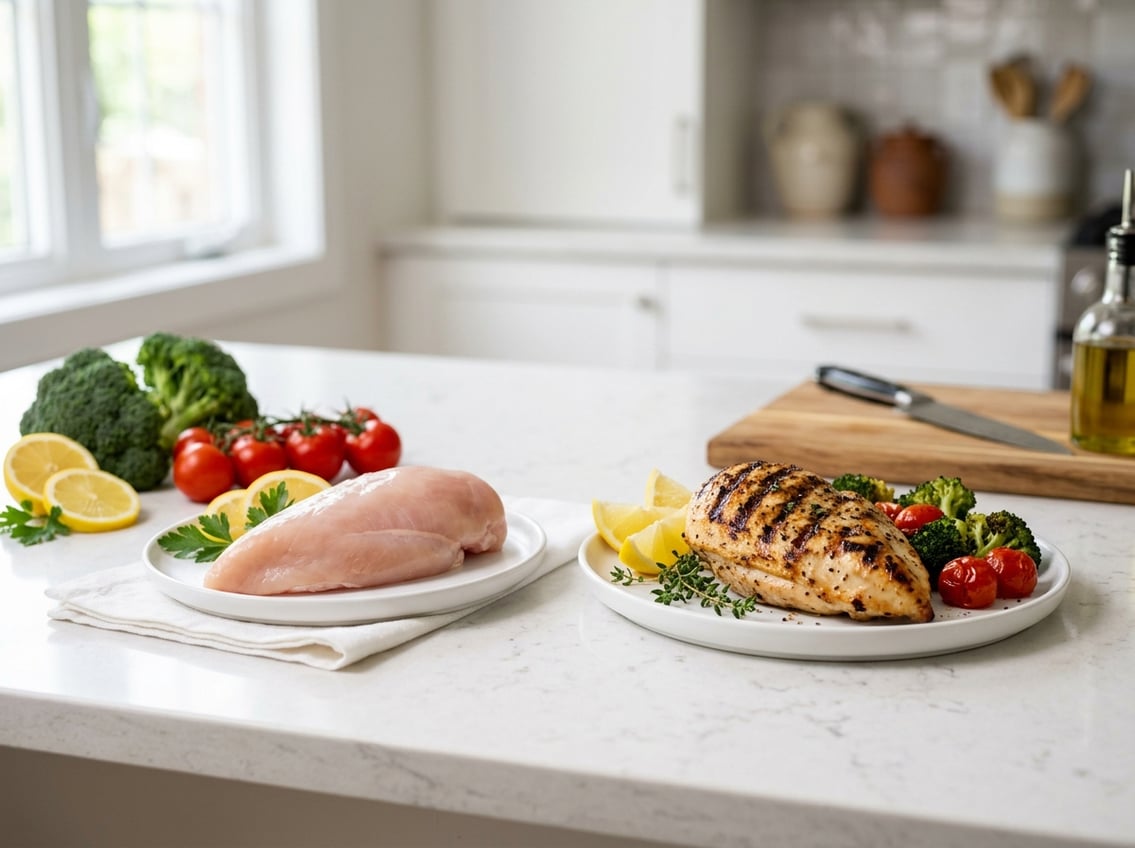 A kitchen countertop with a raw chicken breast beside a cooked grilled chicken breast on a plate, surrounded by fresh vegetables.