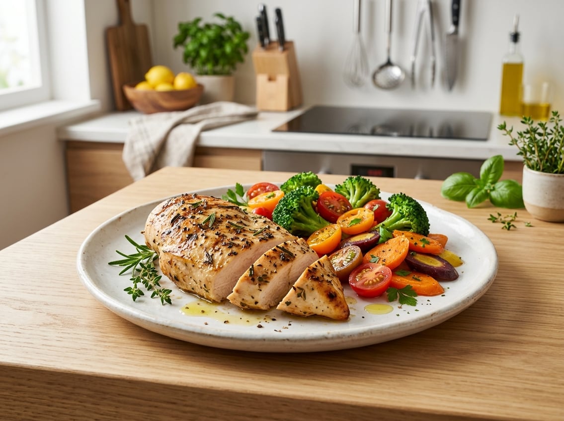 A cooked chicken breast served with fresh vegetables on a plate in a kitchen setting.