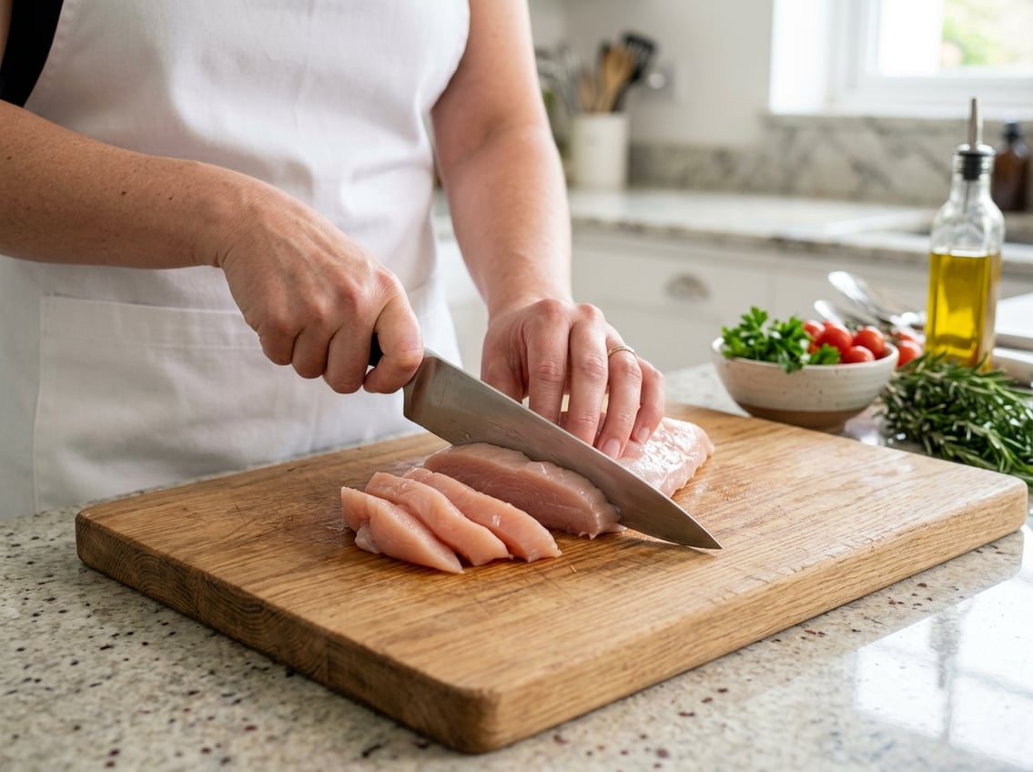 A person slicing a raw chicken breast on a wooden cutting board in a kitchen.