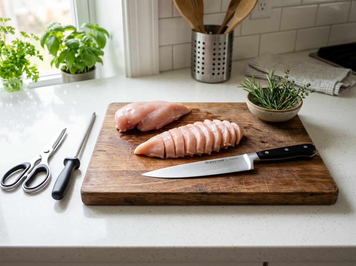 A kitchen setup with a chef's knife cutting a raw chicken breast on a wooden cutting board surrounded by kitchen tools and fresh herbs.