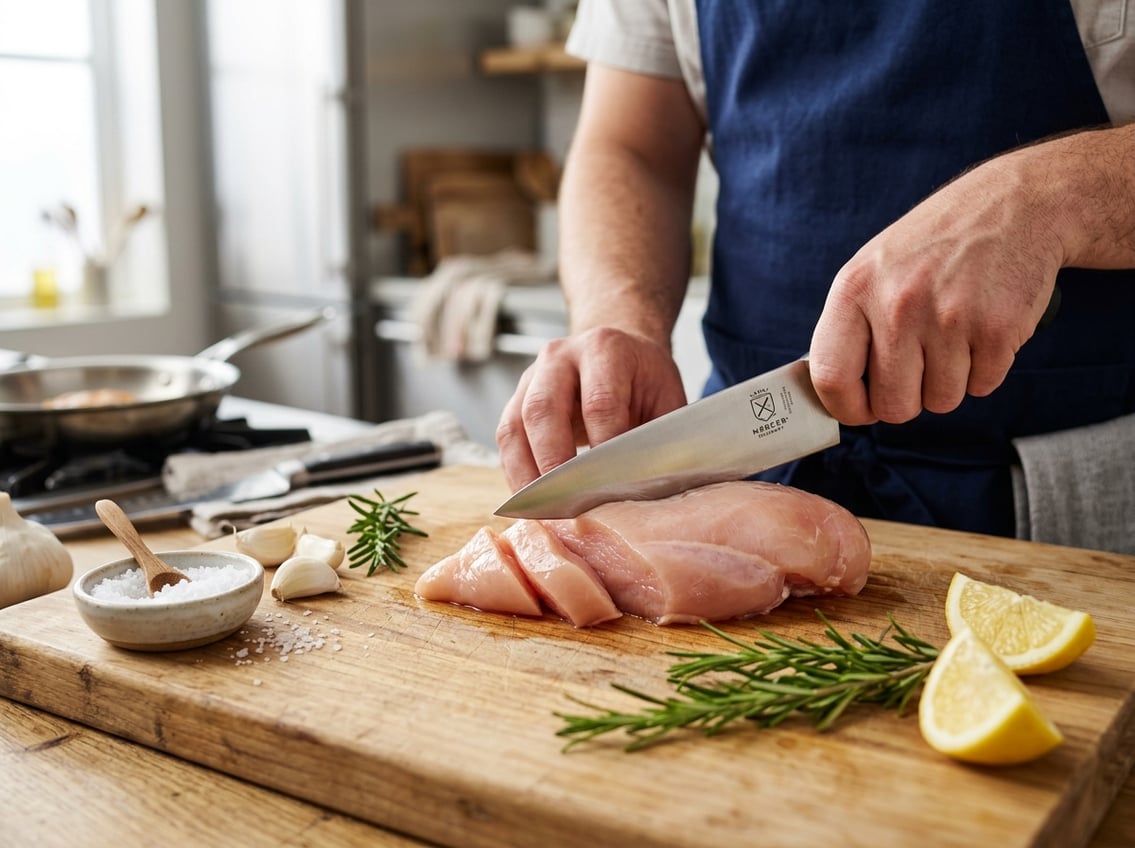 Close-up of a hand slicing a raw chicken breast on a wooden cutting board with fresh herbs and lemon wedges nearby.