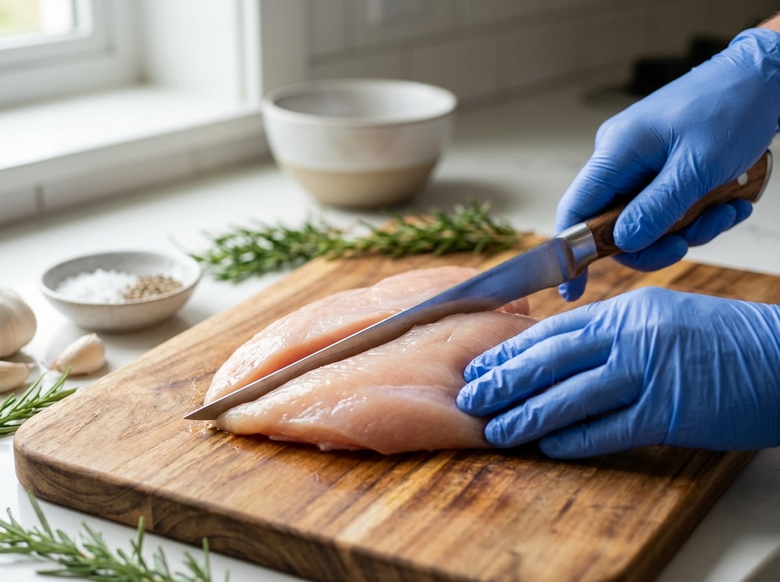 Hands filleting a raw chicken breast on a wooden cutting board in a kitchen.