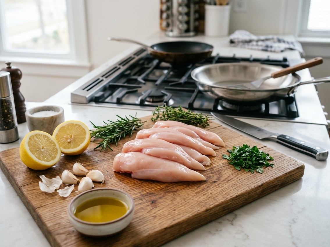 Raw chicken breast fillets on a wooden cutting board with herbs, lemon, garlic, and kitchen utensils on a countertop.