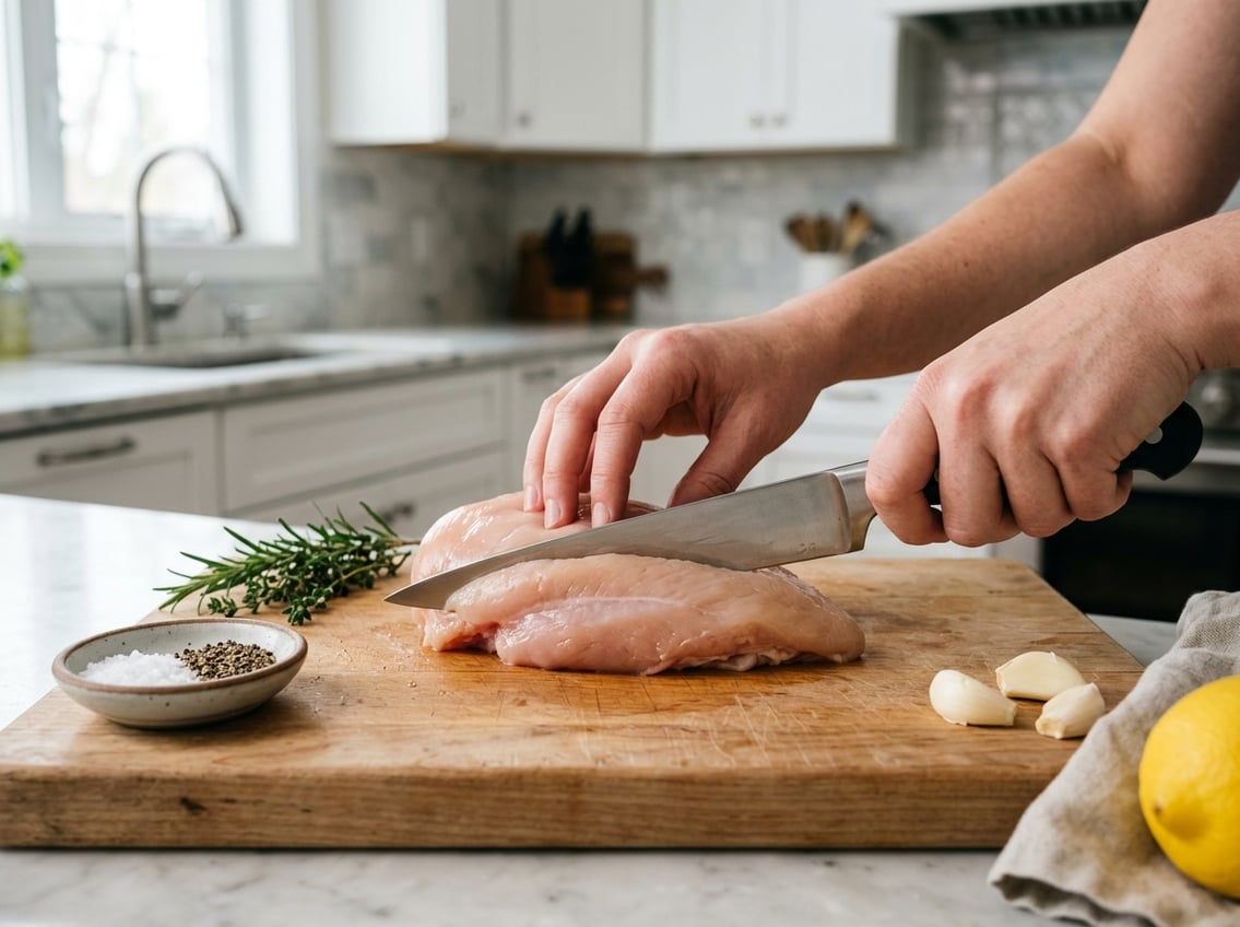 Hands filleting a raw chicken breast on a wooden cutting board with fresh herbs and garlic nearby in a kitchen.