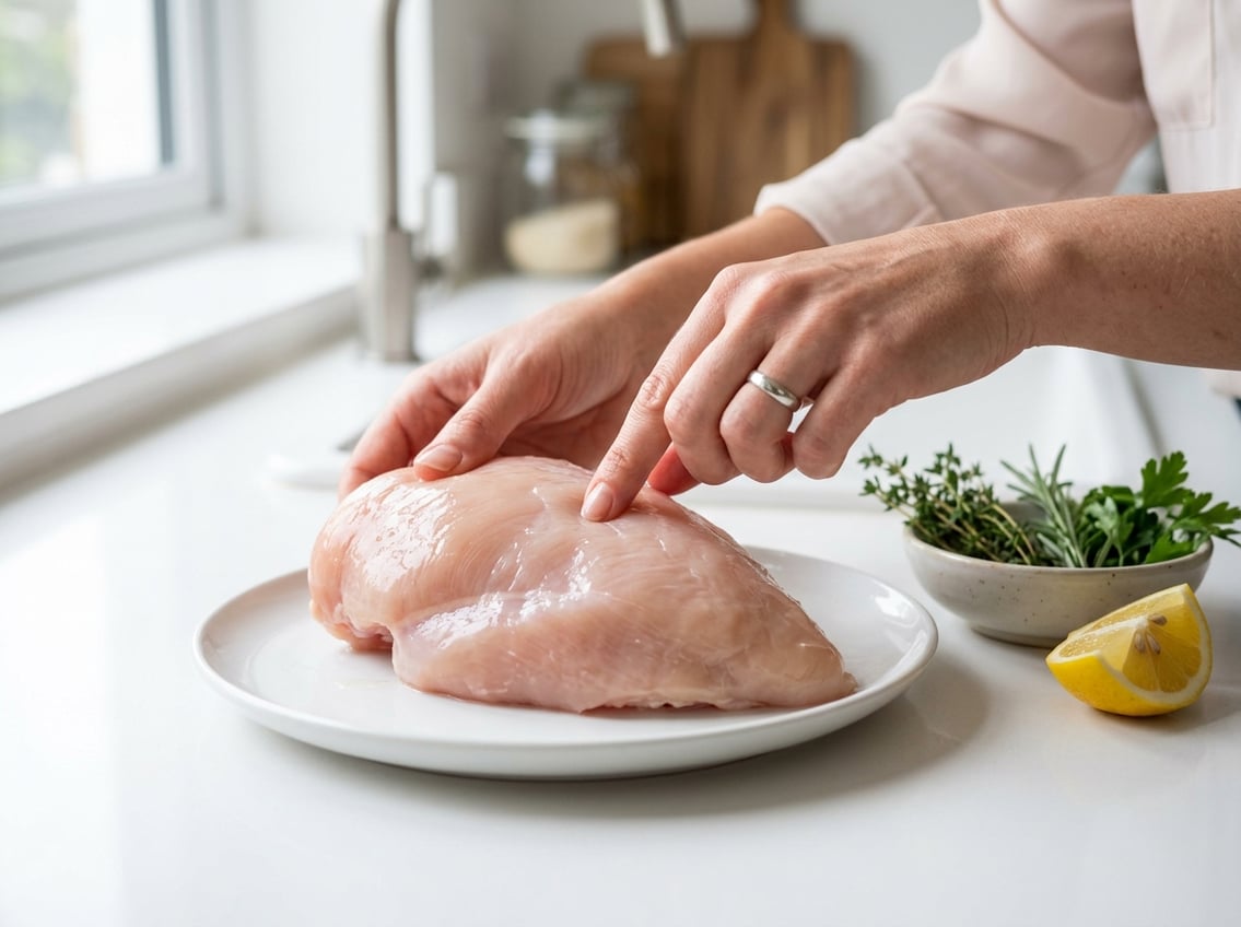 Close-up of hands inspecting a raw chicken breast on a kitchen countertop.