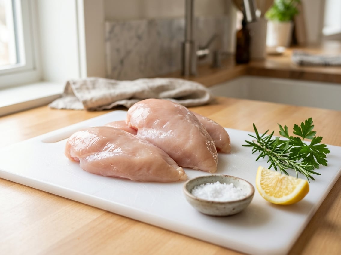 Close-up of raw chicken breasts on a white cutting board with fresh herbs and lemon in a bright kitchen.