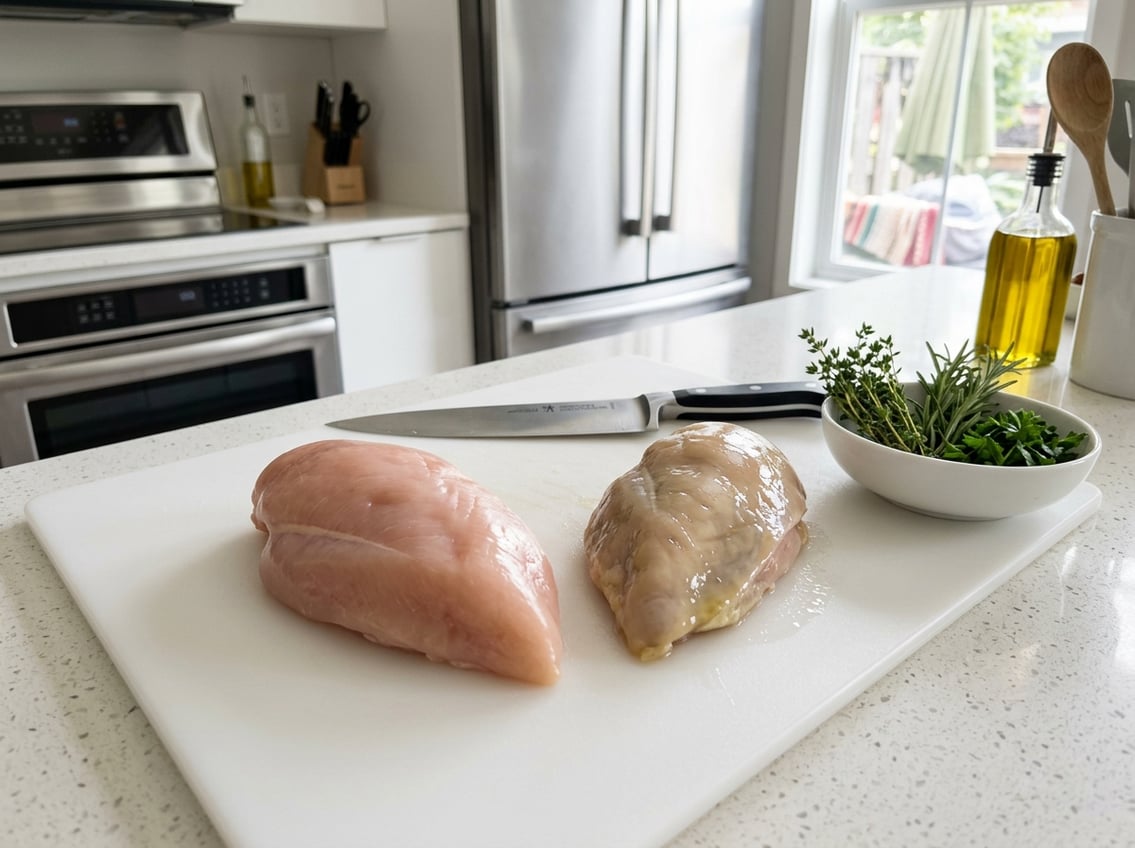Close-up of raw chicken breasts on a cutting board, showing one fresh piece and one with a slimy surface, in a kitchen setting.