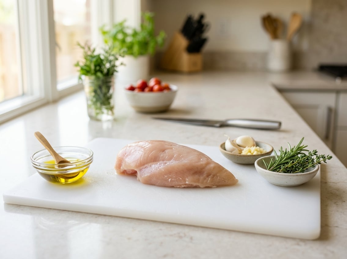 A raw chicken breast on a white cutting board surrounded by bowls of olive oil, garlic, and fresh herbs on a kitchen countertop.